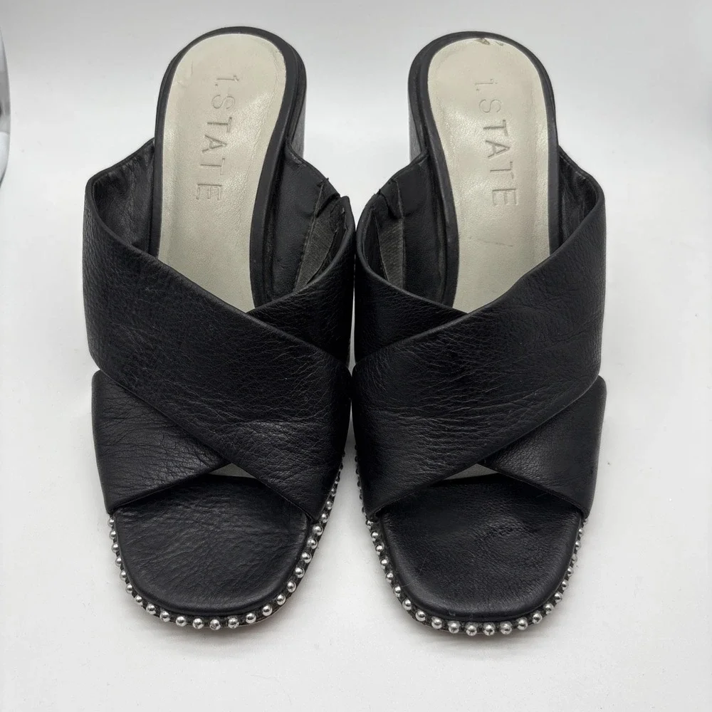 1 State Black Leather Strappy Chunky Square Toe Embellished Mule,8M